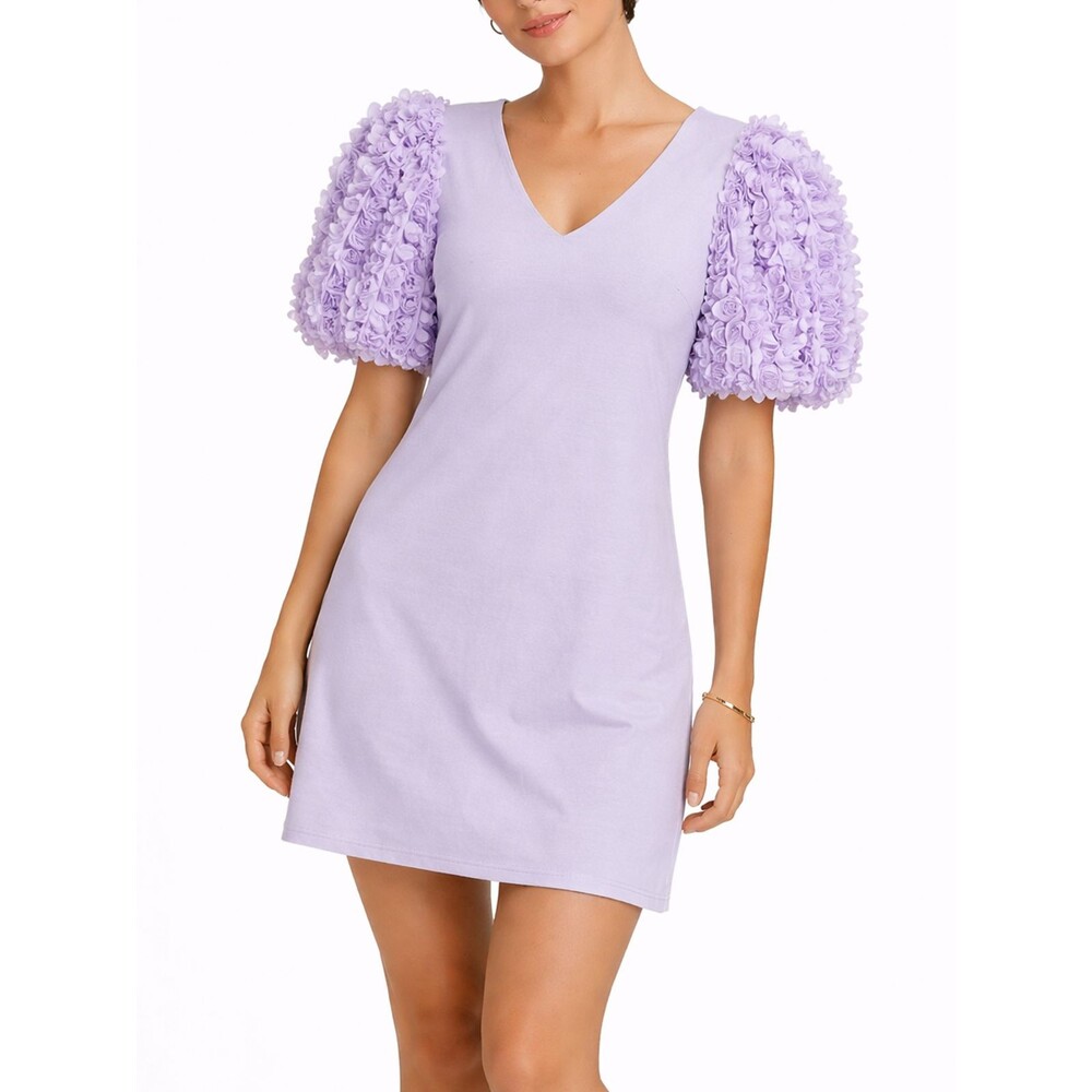 Entro Lavender Puff Sleeve Dress Floral 3D Rosette Mini Shift Size M